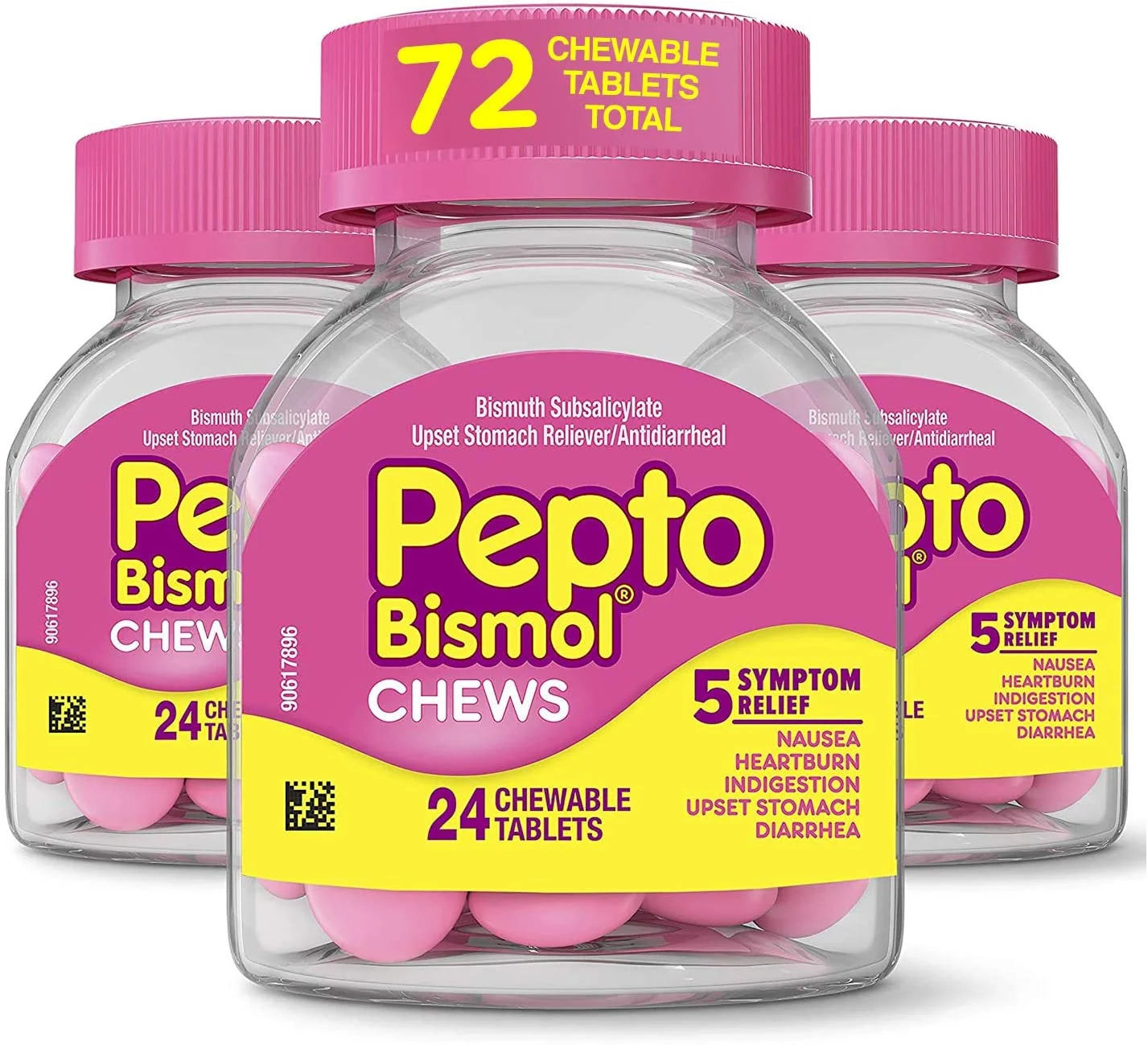 Bismol Chews, Upset Stomach Relief, Bismuth Subsalicylate, Multi-Symptom Relief of Gas, Nausea, Heartburn, Indigestion, Upset Stomach, Diarrhea 24 Chews (Pack of 3)