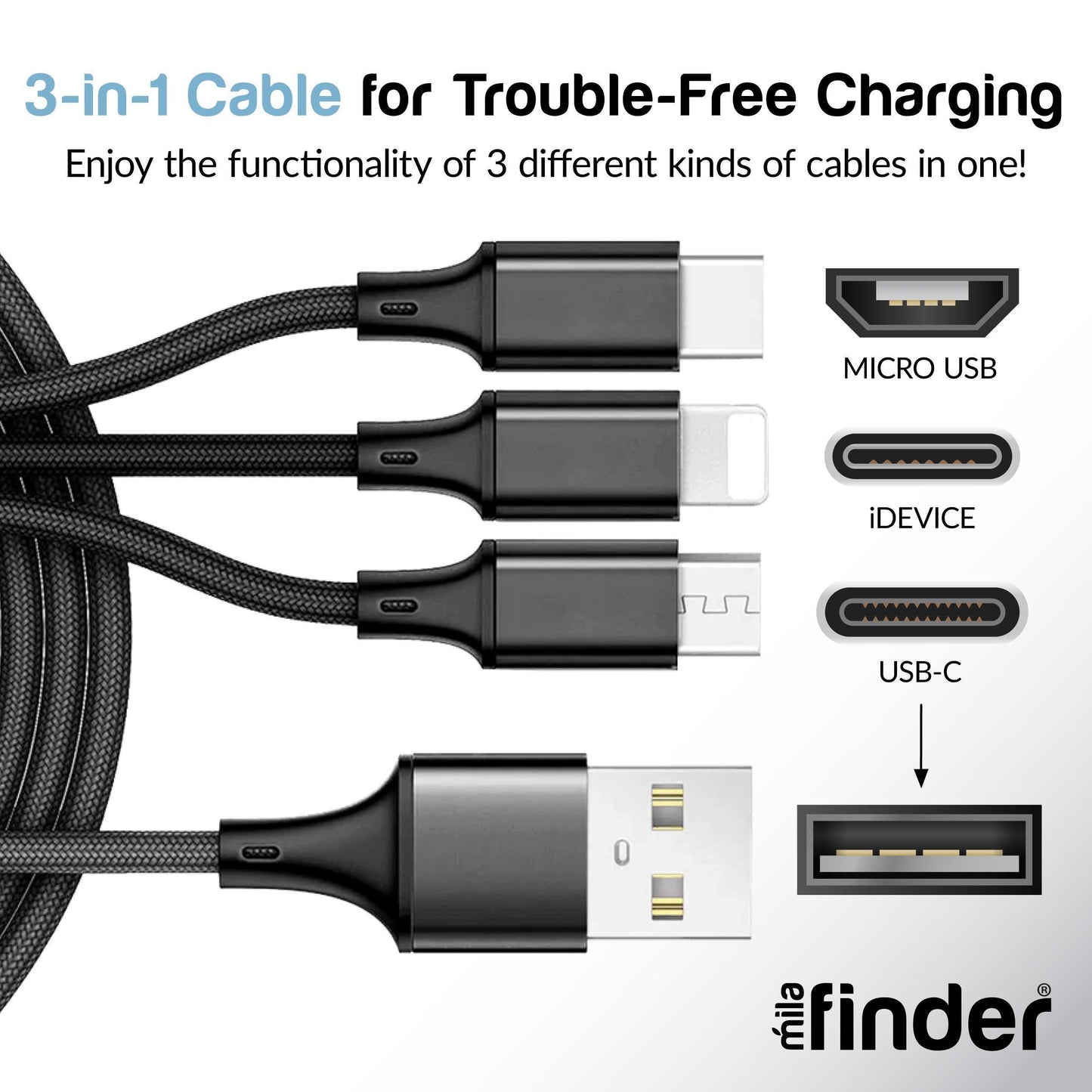 10 Foot 3-in-1 Universal Charging Cable - 60 Piece Display Bundle