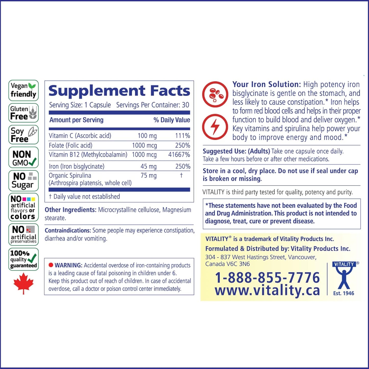 Power Iron + Spirulina | 45Mg Iron | Blood Builder | Iron Deficiency Support | Vegan | All Natural Supplement | Gentle on Stomach | 30 Capsules