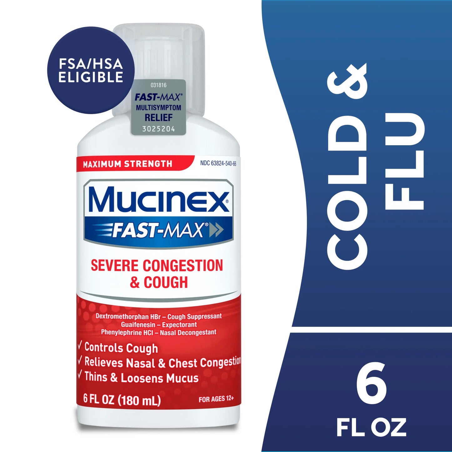 (2 Pack) Fast-Max Severe Congestion & Cough Medicine, OTC Sinus/Nasal Decongestant, Expectorant, 6 Fl Oz