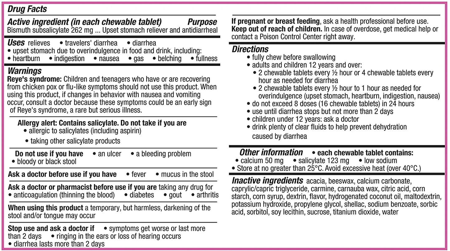 Bismol Chews, Upset Stomach Relief, Bismuth Subsalicylate, Multi-Symptom Relief of Gas, Nausea, Heartburn, Indigestion, Upset Stomach, Diarrhea 24 Chews (Pack of 3)