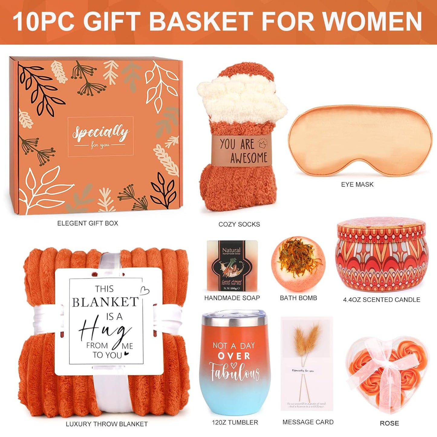 Mother’S Day Gifts Baskets for Women Mum Her Wife Girlfriend,Birthday Gifts for Women Teacher Friend W/Cozy Blanket Rose Relaxing Spa Gifts Set,Self Care Get Well Gifts for Her Valentines Mothers Day