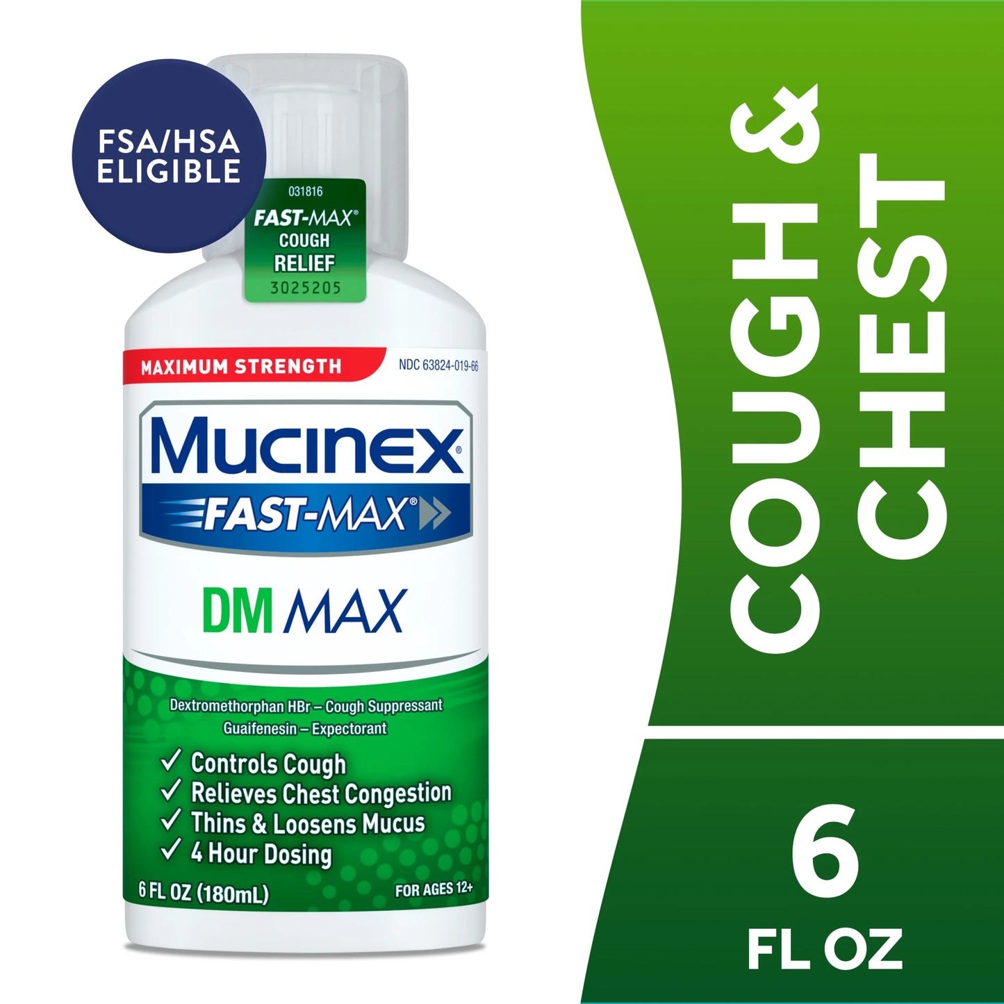 Fast-Max DM Max Strength Expectorant & Cough Medicine, Excess Mucus Relief, FSA/HSA, 6 Fl Oz
