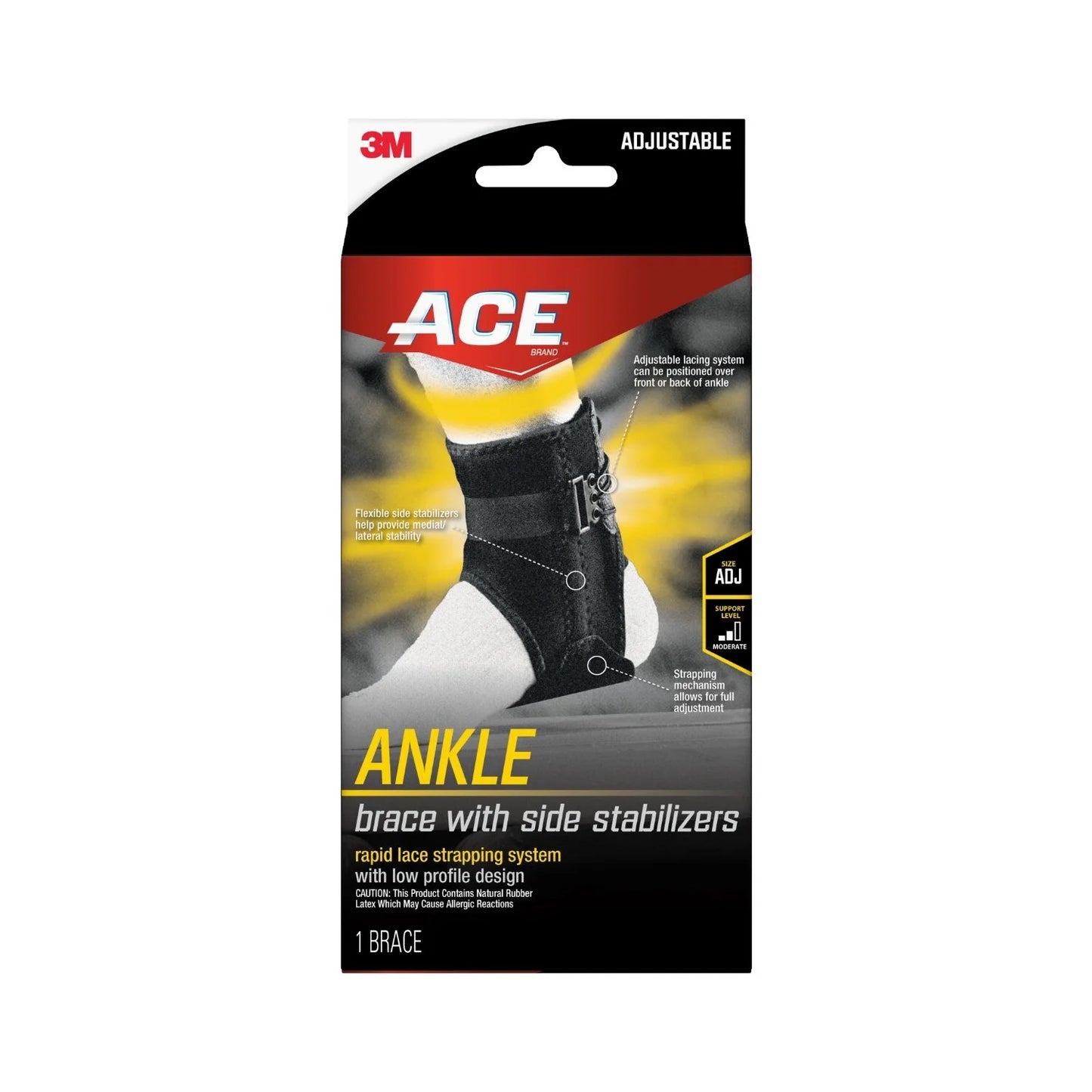 Ankle Support with Side Stabilizers, Adjustable, Black, 1 Brace