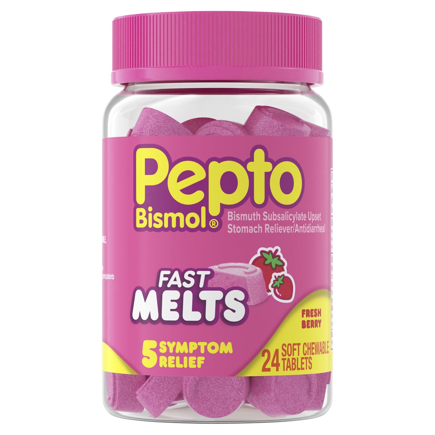 Bismol Fast Melts, Chewable Tablets Indigestion and Diarrhea Stomach Relief, Berry, 24 Count