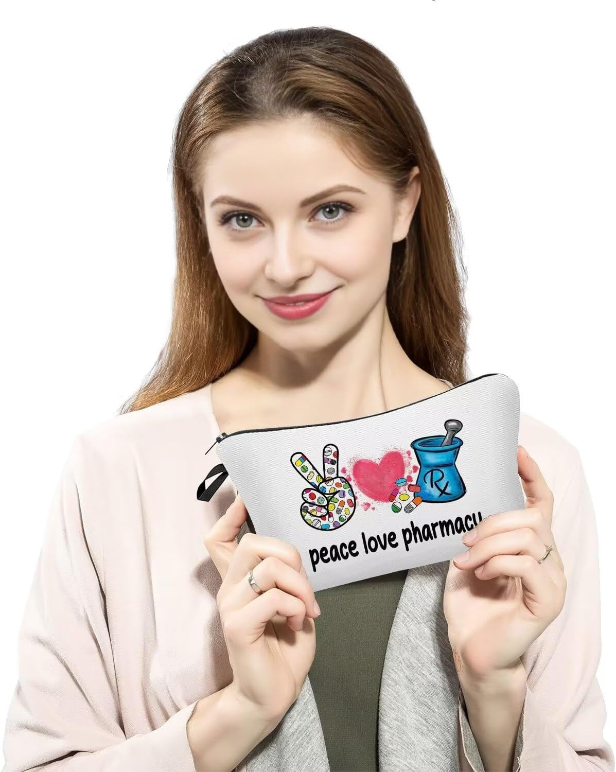 Pharmacist RX Makeup Pharmacy Technician Present Small Organizer Bag Peace Love Pharmacy Toiletry Zipper Pouch Cosmetic Bag Graduation Birthday Present for Pharmacists Women Friends