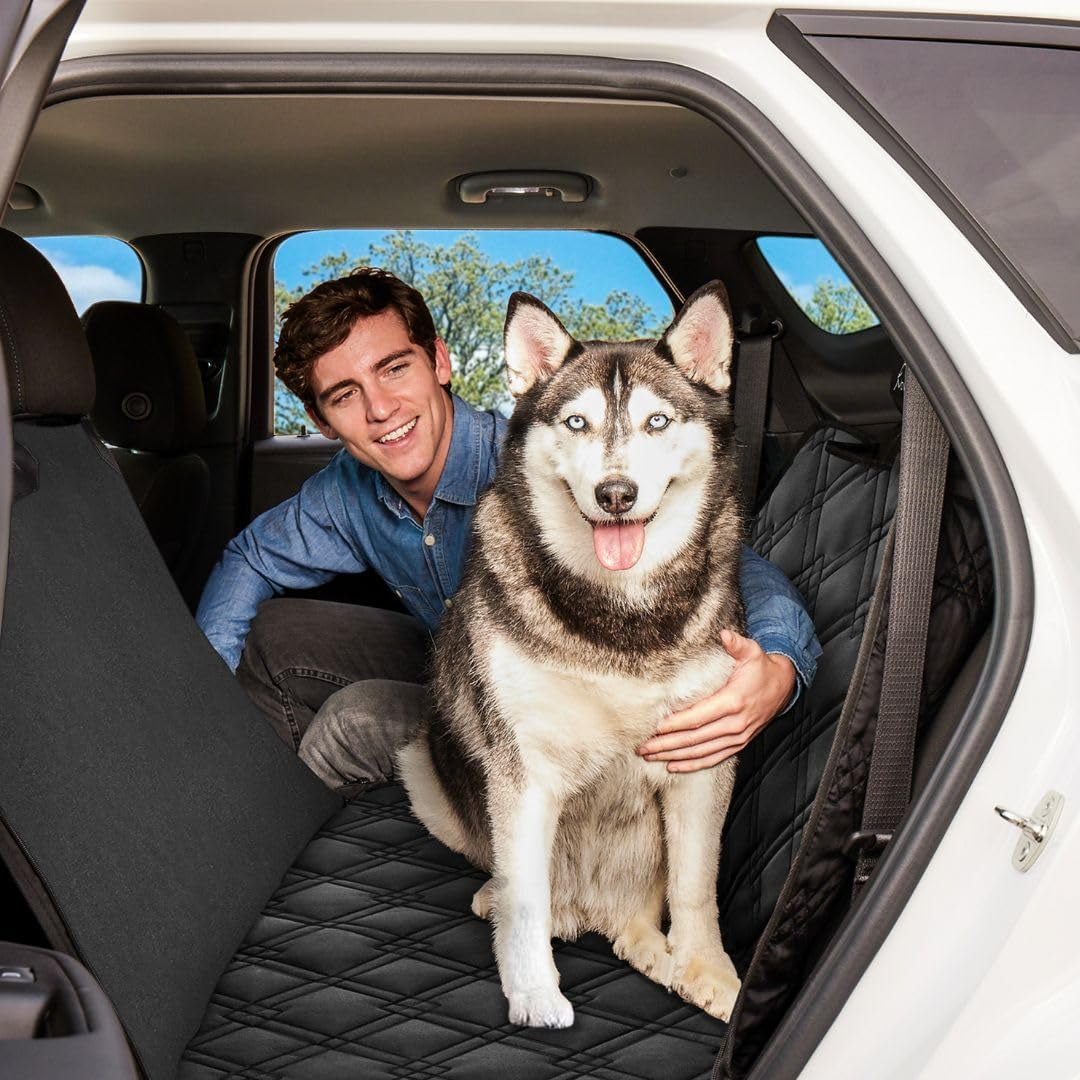 Dog Seat Covers Unique Design & Entire Car Protection-Doors,Headrests & Backseat. Extra Durable Zippered Side Flap, Waterproof Pet Seat Cover + Seat Belt & 2 Headrest Protectors, I0113671