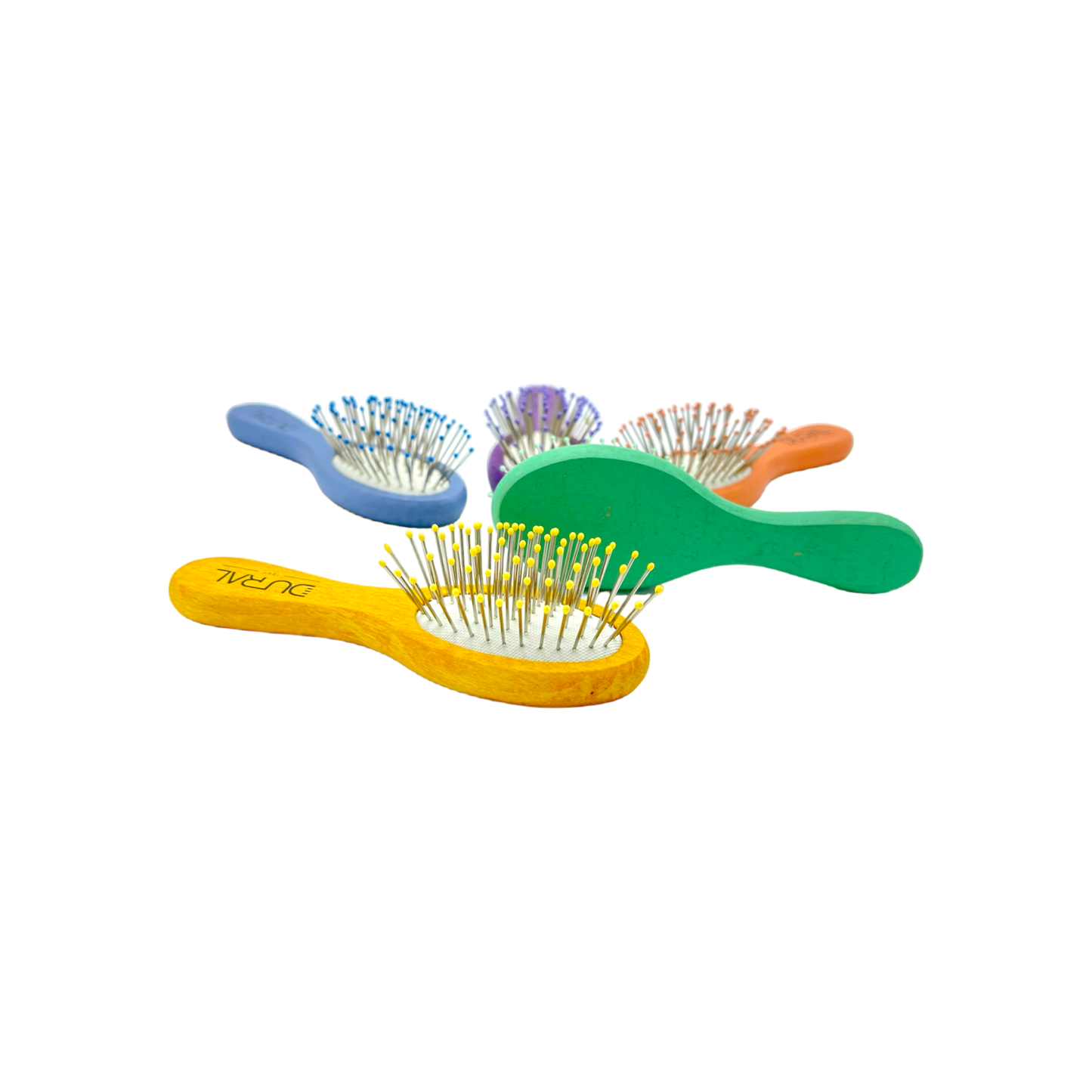 Dural Beech wood rubber cushion mini brush with steel pins and ball tips - assorted colors