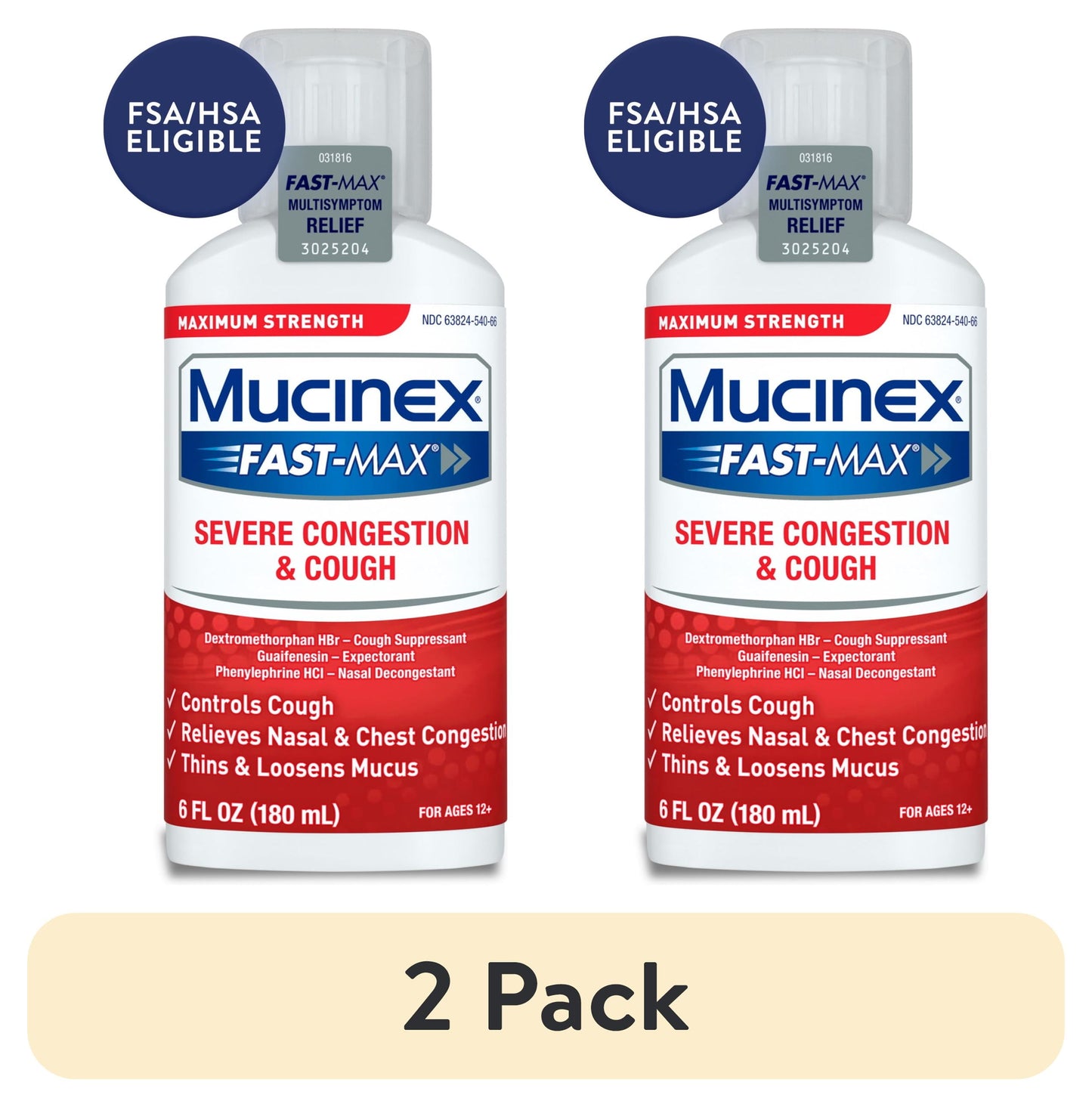 (2 Pack) Fast-Max Severe Congestion & Cough Medicine, OTC Sinus/Nasal Decongestant, Expectorant, 6 Fl Oz