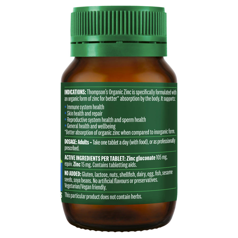 Thompson'S Organic Zinc 80 Tablets Supports Immune System & Skin Health Vegan