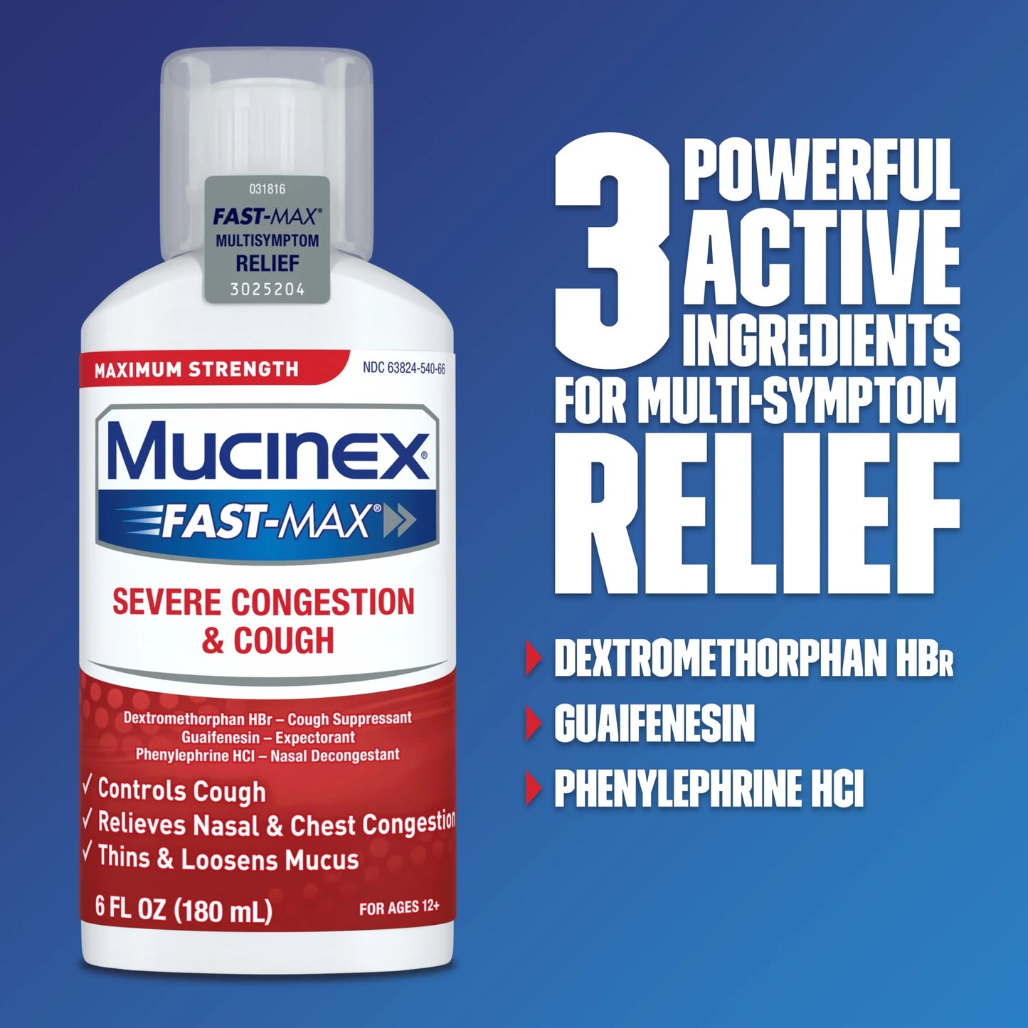 Fast-Max Severe Congestion & Cough Medicine, OTC Sinus/Nasal Decongestant, Expectorant, 6 Fl Oz