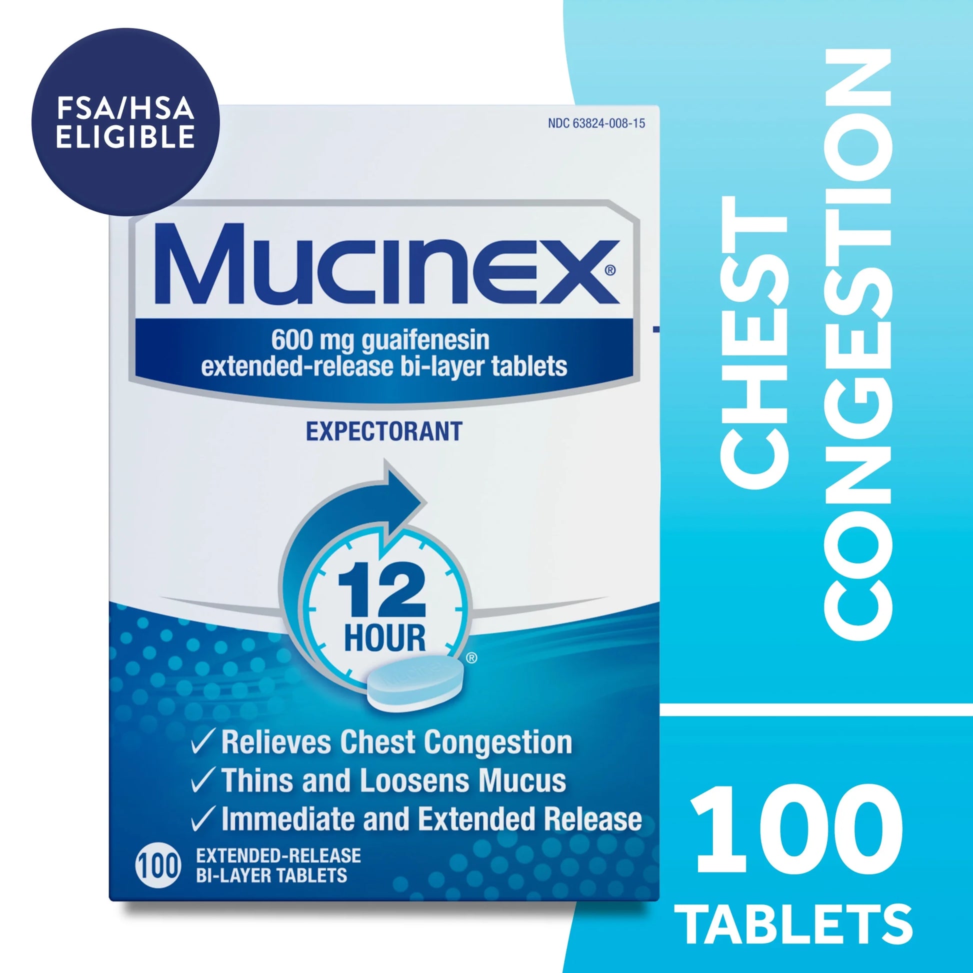 12 Hour Expectorant, OTC Medicine for Excess Mucus Relief, Chest Congestion, 100 Tablets