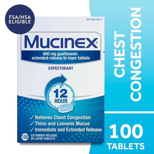 12 Hour Expectorant, OTC Medicine for Excess Mucus Relief, Chest Congestion, 100 Tablets