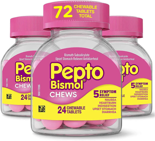Bismol Chews, Upset Stomach Relief, Bismuth Subsalicylate, Multi-Symptom Relief of Gas, Nausea, Heartburn, Indigestion, Upset Stomach, Diarrhea 24 Chews (Pack of 3)