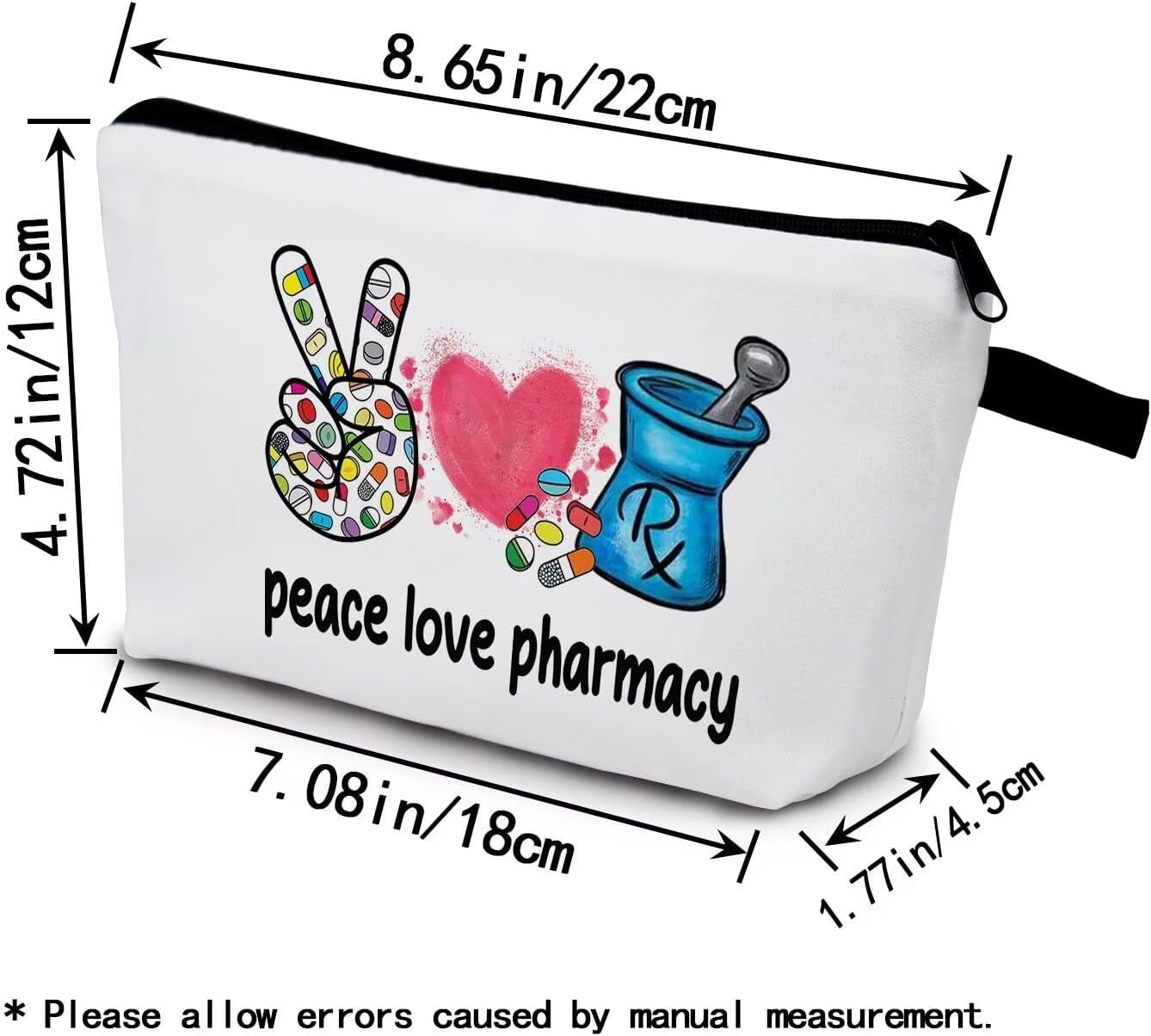 Pharmacist RX Makeup Pharmacy Technician Present Small Organizer Bag Peace Love Pharmacy Toiletry Zipper Pouch Cosmetic Bag Graduation Birthday Present for Pharmacists Women Friends