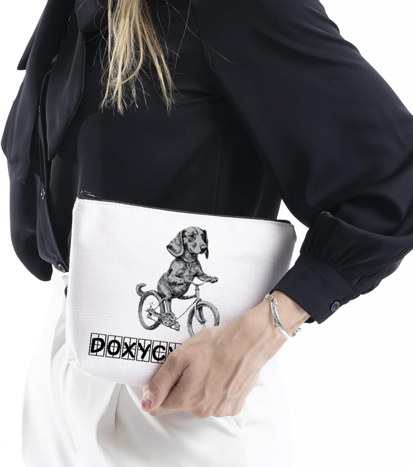 Novelty Doxycycline Pharmacy Pun Dachshund on Bicycle Veterinary Pharmacy Zipper Pouch Makeup Bag (B-Doxycycline), Beige