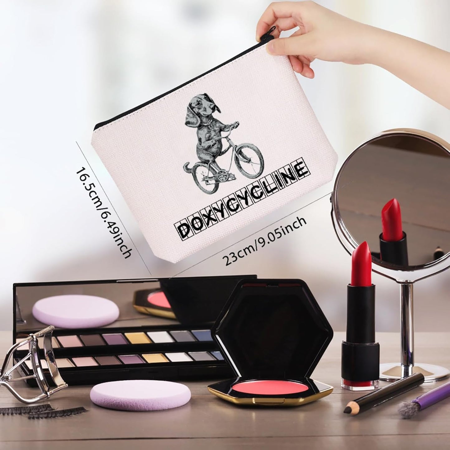 Novelty Doxycycline Pharmacy Pun Dachshund on Bicycle Veterinary Pharmacy Zipper Pouch Makeup Bag (B-Doxycycline), Beige