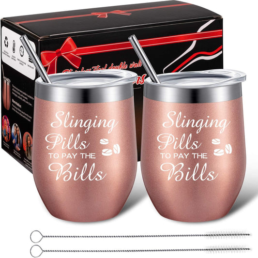 2 Pcs Pharmacy Technician Gifts for Women, Slinging Pills to Pay the Bills 12 Oz Wine Tumbler Pharmacist Graduation Funny Present for Nursing Coworker(Rose Gold)