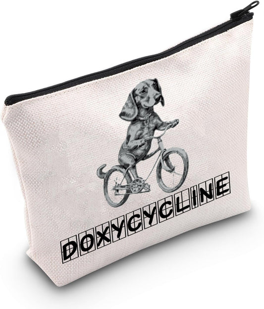 Novelty Doxycycline Pharmacy Pun Dachshund on Bicycle Veterinary Pharmacy Zipper Pouch Makeup Bag (B-Doxycycline), Beige