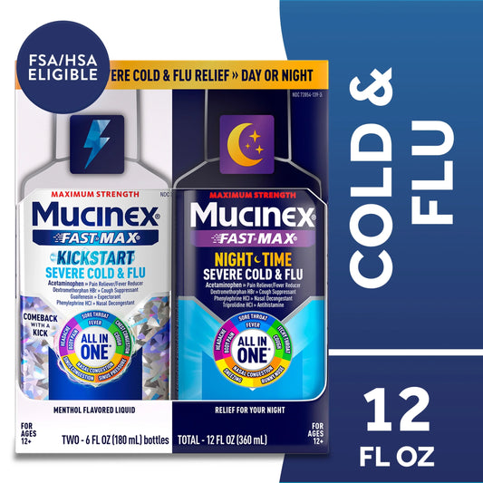 Mucinex Fast-Max Kickstart Severe Cold & Flu & Nighttime Severe Cold & Flu Liquid Medicine, 2X6 Fl Oz
