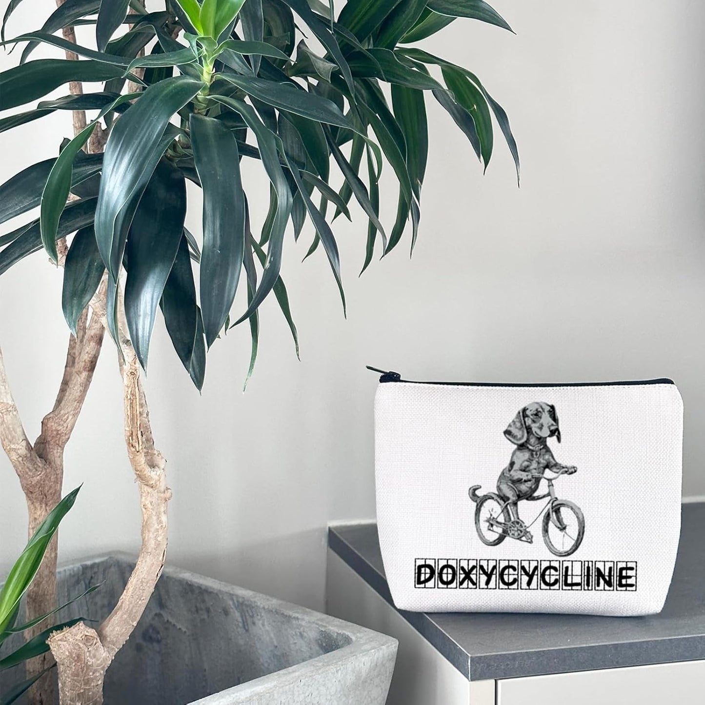 Novelty Doxycycline Pharmacy Pun Dachshund on Bicycle Veterinary Pharmacy Zipper Pouch Makeup Bag (B-Doxycycline), Beige