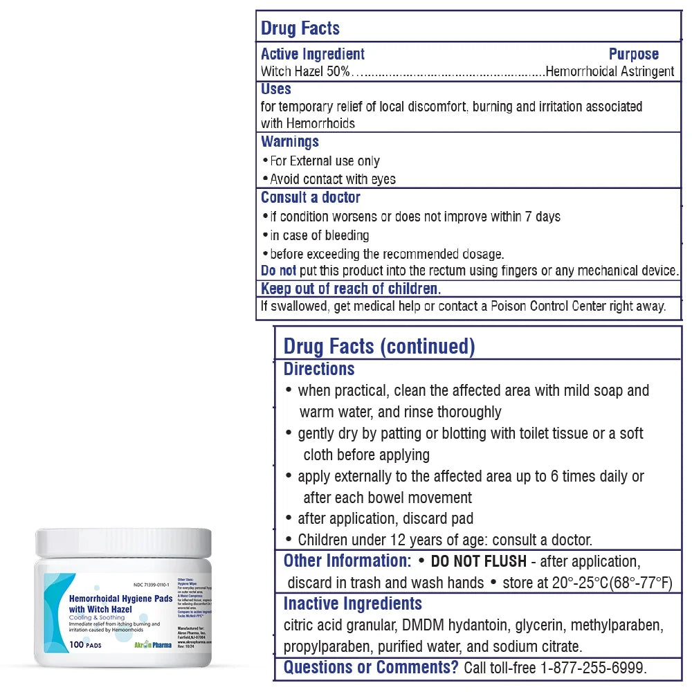 Hemorrhoidal Hygiene Pads with Witch Hazel, Cools and Soothes Discomfort from Hemorrhoids, 100 Count
