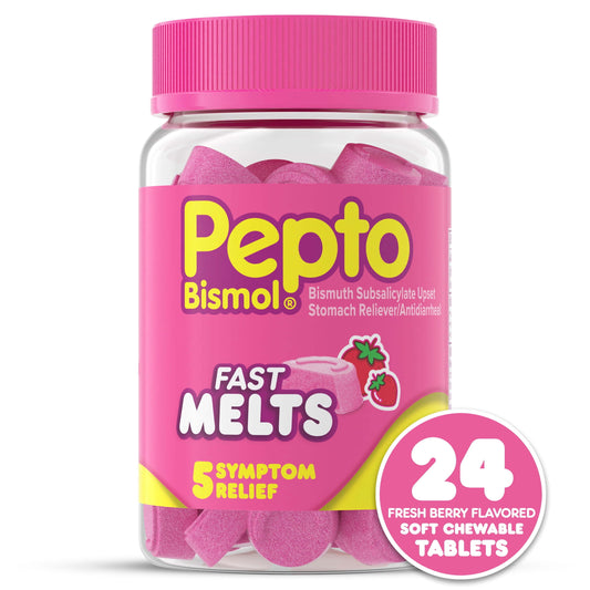 Bismol Fast Melts, Chewable Tablets Indigestion and Diarrhea Stomach Relief, Berry, 24 Count
