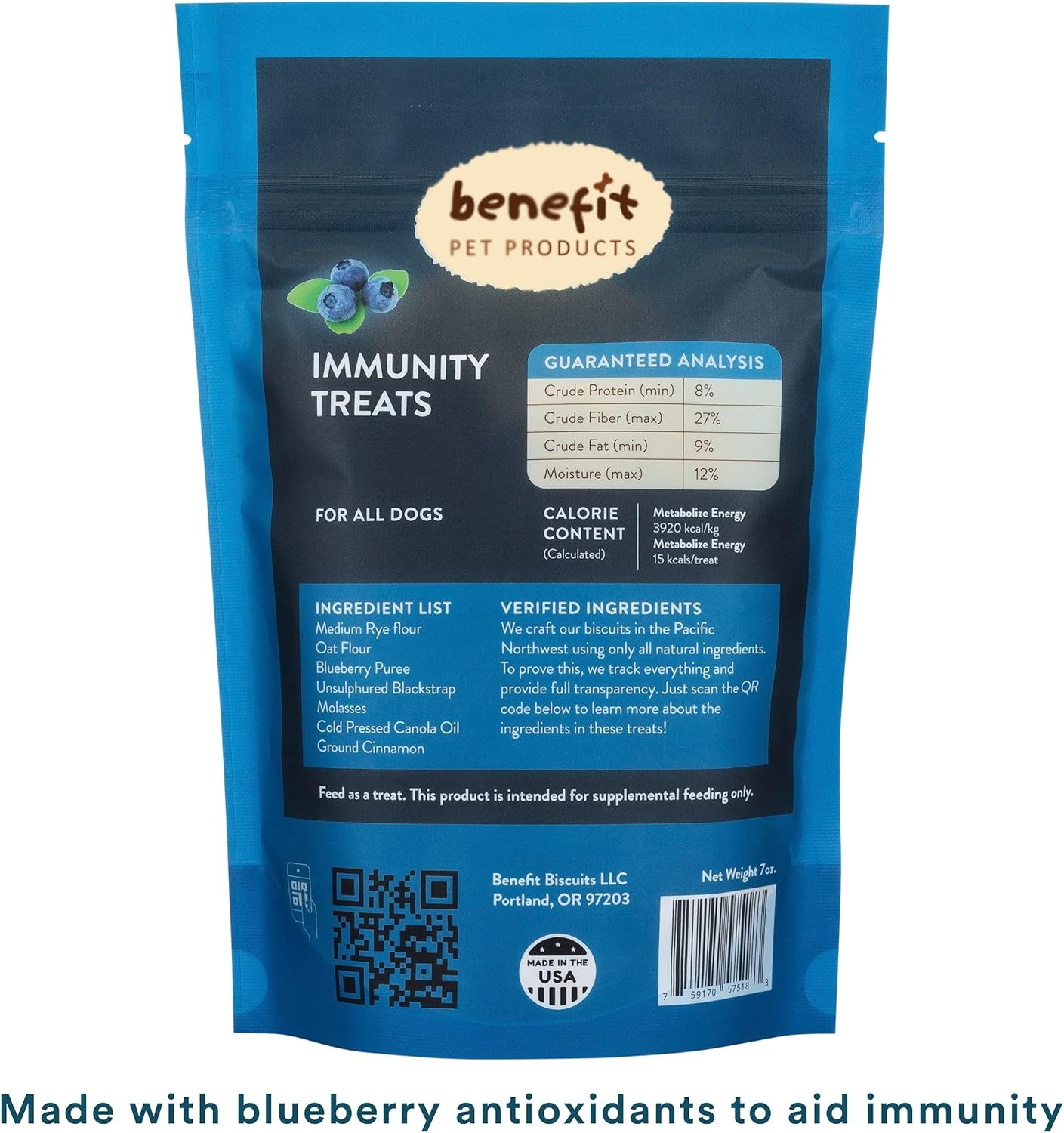 Benefit Biscuits, All Natural Dog Treats, Certified Vegan, Non GMO, Wheat Free, Healthy Dog Biscuits, Made in USA (Blueberry, Regular Bag (7Oz))