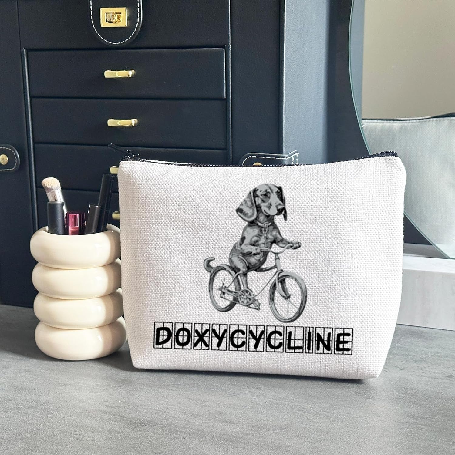 Novelty Doxycycline Pharmacy Pun Dachshund on Bicycle Veterinary Pharmacy Zipper Pouch Makeup Bag (B-Doxycycline), Beige