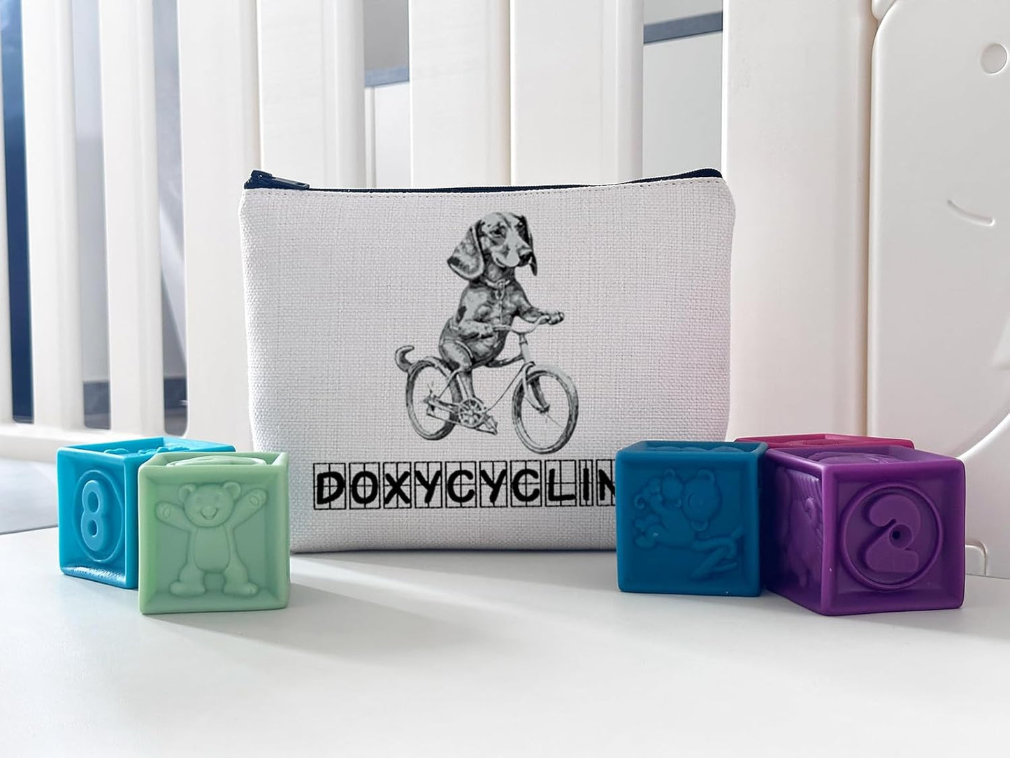 Novelty Doxycycline Pharmacy Pun Dachshund on Bicycle Veterinary Pharmacy Zipper Pouch Makeup Bag (B-Doxycycline), Beige