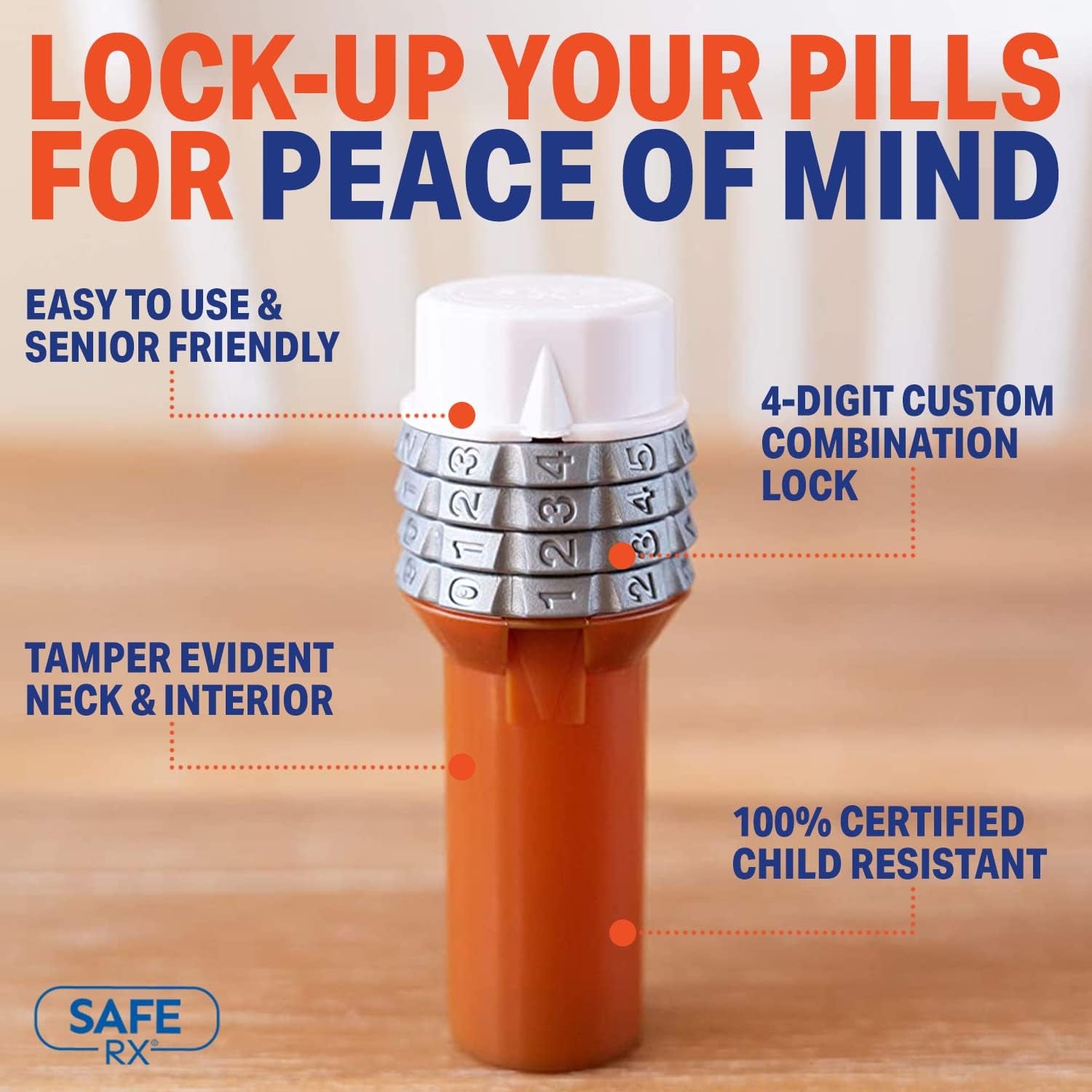 | Locking Pill Bottle | Pill Container Combination Lock | Tamper Evident | Child Resistant | Senior Friendly Easy Open Cap | Prescription Medication | Travel Pill Bottle | Medicine Organizer